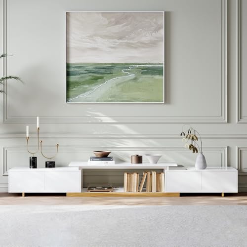 Homary Meuble TV Bois Extensible en Blanc Table TV Moderne pour Salon avec Base Dorée et Rangement 160 cm - 240 cm (Blanc)