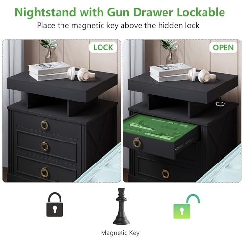 Image of HNEBC Nightstand with Gun Drawers, LED Farmhouse Night Stand with Charging Station, Smart End Table with 3 Color Auto Light, Bedside tabel with Hidden Compartment for Bedroom Furniture-Black