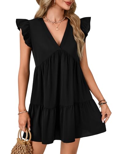 Image of LYANER Women's Summer Casual Babydoll Mini Dress Ruffle Sleeveless Deep V Neck High Waist Flowy Swing Tunic Dress