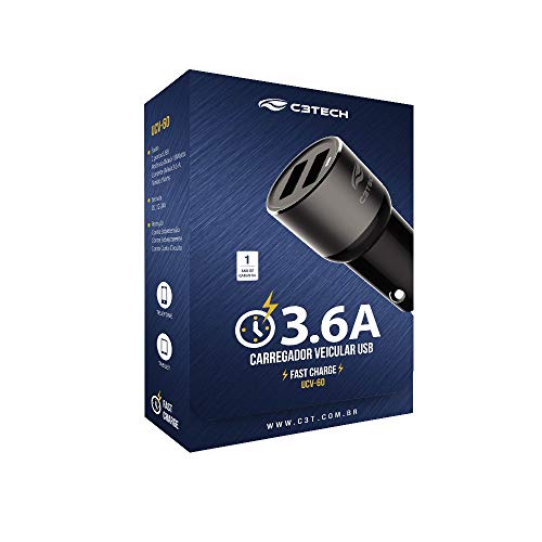 Carregador Veicular C3 Tech, preto, Com 2 USB 3,6A, UCV-60BK