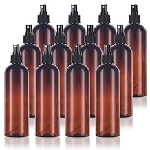 12 oz Amber Slim Tall Boston Round Plastic PET Bottle BPA Free with Black Fine Mist Spray 12 pack