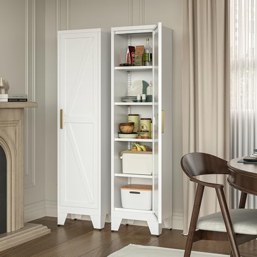 Image of LCAOPC 67 inch Tall Narrow Bathroom Metal Storage Cabinet with 4 Adjustable Shelves, Freestanding 5 Tier Slim Pantry Storage Cabinet for Small Space, White
