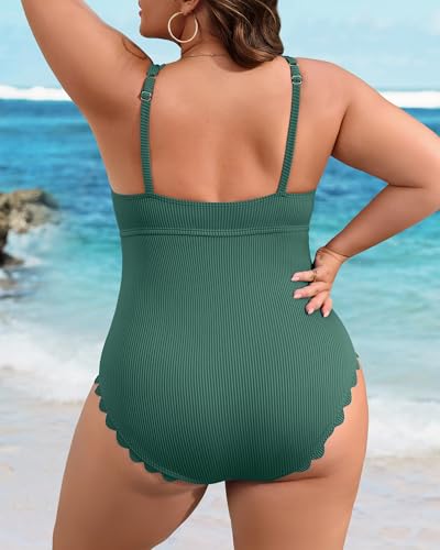 Image of Charmo Plus Size Swimsuit for Women 2026 Tummy Control Scalloped Ribbed One Piece Swimsuits Ruched Modest Bathing Suit