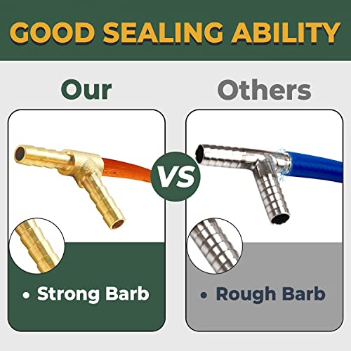 Lionmax Brass Hose Barb Tee Fittings 3 Pcs, 3 Way Union Barb T Fitting, 1/4" X 1/4" X 1/4" Id Hose Barb, With 9 Hose Clamps, For Water/Fuel/Air #TOP4