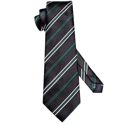 Image of Dubulle Mens Black Green Tie and Lapel Pin 4Pcs Set Formal Striped Dress Necktie with Pocket Square Cufflinks Wedding Party