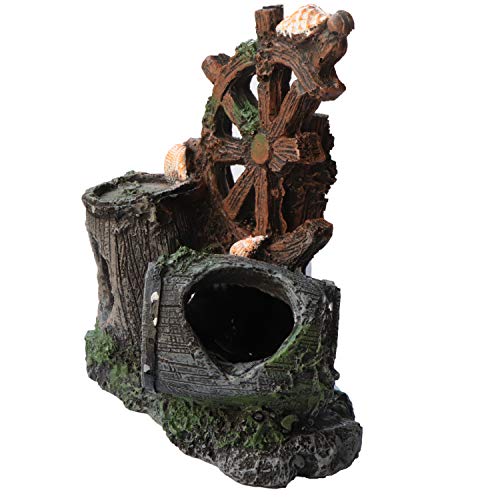 Kesywale Aquarium Aquatic Fish Tank Decorations Resin Broken Barrel Aquarium Ornament Caves Hideout Hut (Windmill Barrel) - Thumbnail 4