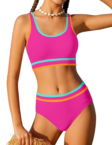 Image of Girls Swimsuit Double Strap High Waist Sporty Bikini Swimsuits Swim Cover Up Skirt 3 Piece Set