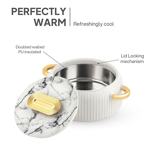 Image of CELLO Castella 1500 Insulated Steel Casserole Hot Box For Kitchen 1500ml Gold White |Double Wall Airtight Serving Hot Pot Case Keeps Food Hot & Warm For Long Hours, Casserole Set For Roti Chapati Rice
