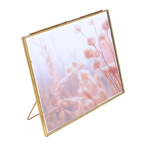 Fenzo Vintage Style 8x10 inch Landscape Metal & Glass Hanging Free Stand Picture Gold Photo Frame Desktop Picture Frames for Photos, Artwork, & Pressed Leaves, Floating Display Frames