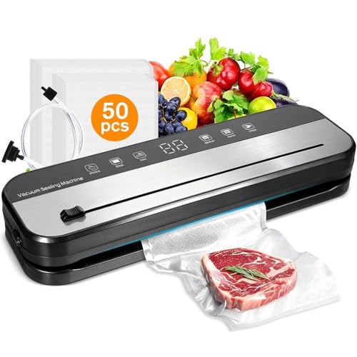 75KPa Vacuum Sealer Machine, 6-in-1 Automatic Food Sealer with Built-in Cutter & 50 Bags, LED Countdown, 5mm Wide Seal for Dry/Moist Food, Meal Prep and Sous Vide
