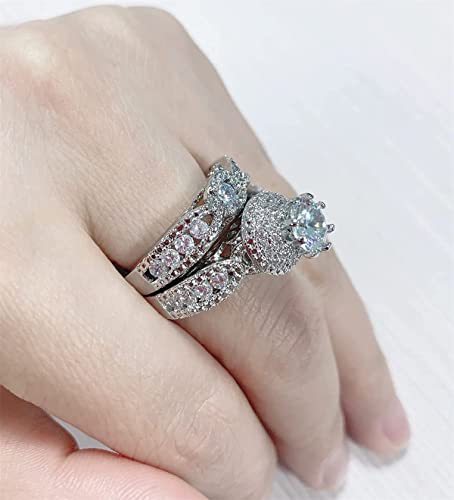 SUKKCCNO 2 Pcs Retro Luxury 925 Sterling Silver Shiny Full Diamond AAA Cubic Zirconia Solitaire Rings Set CZ Diamond Ring Set Eternity Engagement Wedding Band Set2