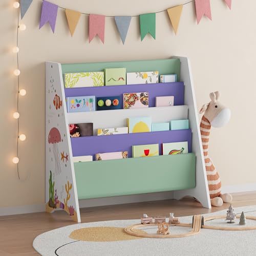 [en.casa] Libreria Montessori per Bambini con Contenitori in Tessuto Colorati Scaffale Frontale Libri Quaderni per...