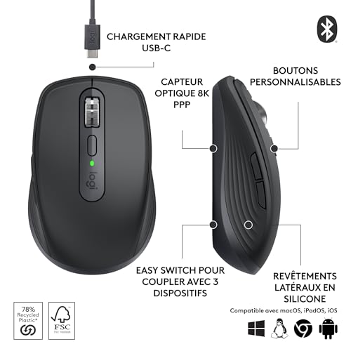 Logitech MX Anywhere 3S Souris Sans Fil Silencieuse, Compacte, Défilement Rapide, Suivi toute Surface en 8K DPI, Boutons Programmables, USB C, Bluetooth, Windows PC, Linux, Chrome, Mac - Graphite