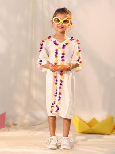 Image of VASTRAMAY Girl's Fit and Flare Knee Length Handcrafted Cotton Blend Flared Dress V-Neck with Colorful Tassel Lace Perfect for Festive Outfit