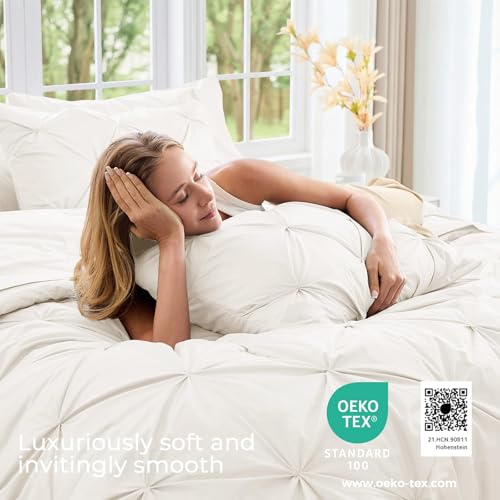 Image of Sasttie King Size Comforter Set, 7-Piece Bed in a Bag, Pintuck Bedding Set for All Season, Includes Comforter, Flat Sheet, Fitted Sheet, Pillowcases and Pillowshams, Ivory