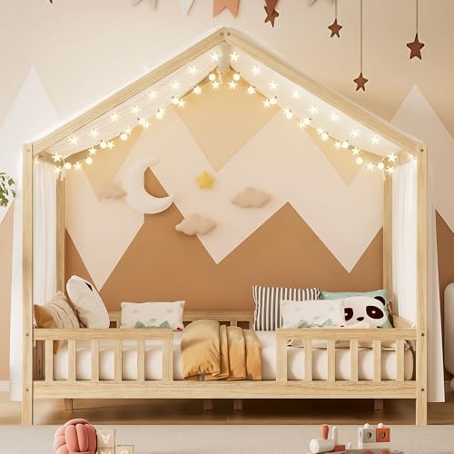 Image of Full Size Wood House-Shape Platform Bed with Roof Frame and Canopy, Montessori Floor Bed with High Railings and Slat Support for Kids Girls Boys, No Box Spring Needed (Natural-05, Full)