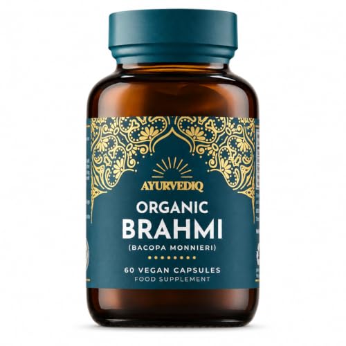 Ayurvediq Organic Brahmi Capsules x60 Vegan Capsules - 600mg Bacopa Monnieri Capsules High Strength Stress Anxiety & Memory Support Supplements - Health and Wellbeing Supplements Ayurveda Products
