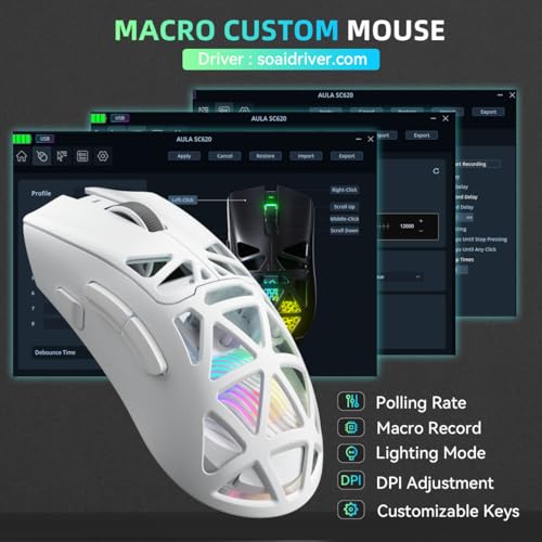 Image of Aula SC620 Wireless Gaming Mouse, Tri-Mode 2.4GHz /USB-C /BT5.3 Computer Mouse with 12000 DPI, Programmable Macro Gamer Mouse with Rapid Fire Key, RGB Light White Gaming Mice for PC /Laptop /Mac
