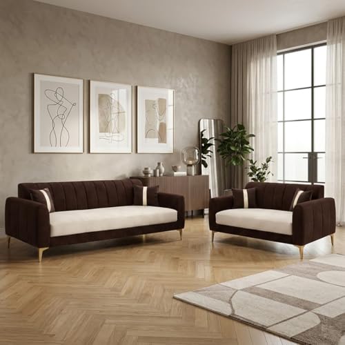 Image of Hermione Luxe Velvet-Suede Fabric 3 Seater + 2 Seater Sofa Set | Golden Legs | Comfortable & Spacious Seating | Modern Sofa Set for Living Room - Dark Brown & Cream