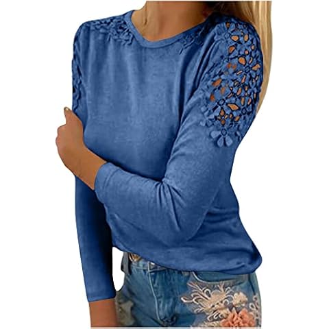 Bluse Damen Elegant Spitzenärmel Langarmshirt Sommer Einfarbig Tshirt Spitzennähte Kurzarm/Langarm T-Shirt Große Größen Rundhals Pullover Spitze Aushöhlen Tunika Tops Farbverlauf Oberteile S-5XL Cover