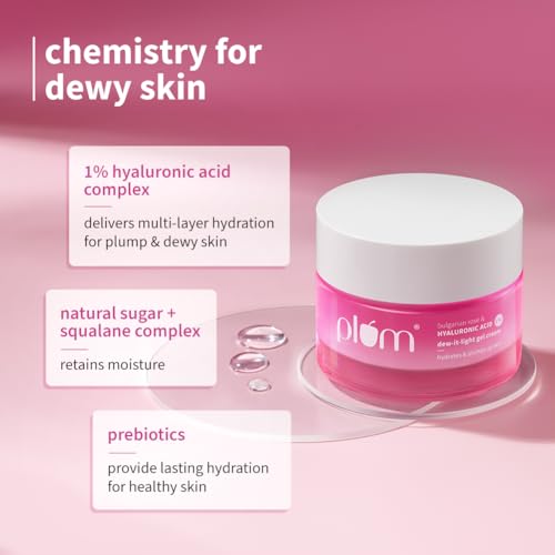 Image of Plum 1% Hyaluronic Acid & Bulgarian Rose ​Dew-It-Light Gel Moisturizer Cream​ 50g | 120 hrs Multi-Layer Hydration | Retains Moisture | Light, Oil-Free, Non-Greasy | Face Moisturiser for Women & Men | For All Skin Types |