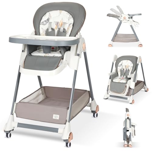 Image of BIUSIKAN Baby High Chair for Babies & Toddlers, High Chair w/Large Storage Basket, Adjustable Height, Footrest, Recline, Foldable high Chair w/Cushion, Removable Tray, high Chairs with Wheels, Gray