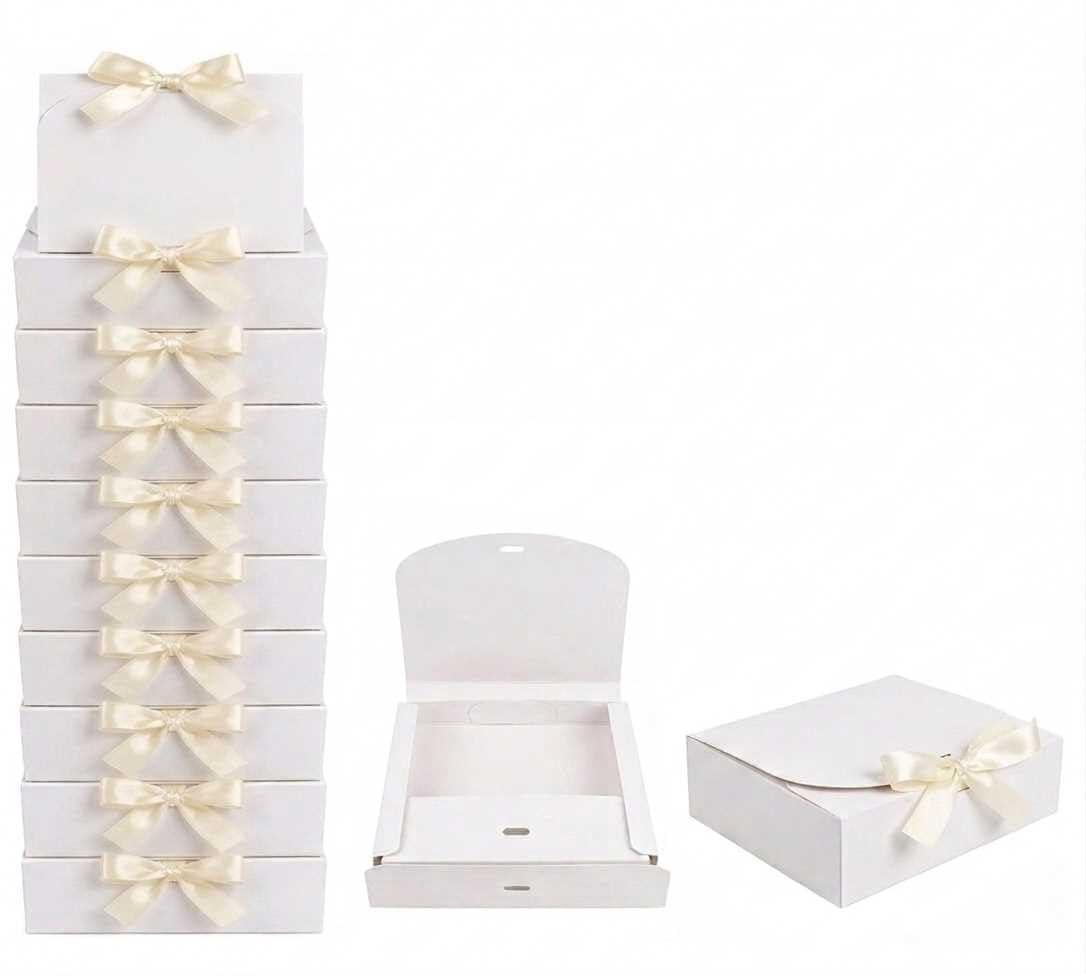 Emartbuy White Kraft Gift Box with Ivory Ribbon – 24 x 19.5 x 7 cm – Fits Perfume, Beauty Sets & Small Gift Hampers – Birthdays Weddings Christmas Corporate Gifting Trade Wholesale – Pack of 12