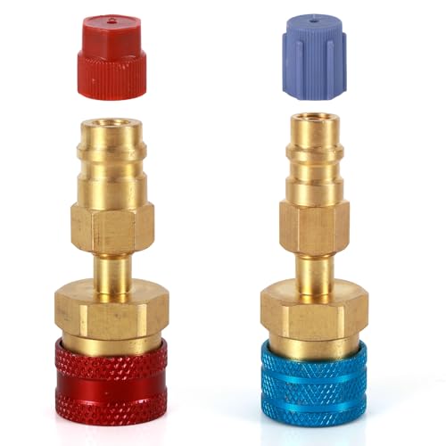 2pcs R1234YF to R134A Quick Coupler Kit, R1234YF Adapter High & Low Side AC Charging Hose Connector for Car Air Conditioner Refrigerant System (Red, Blue)