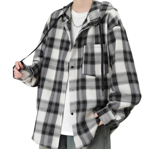 [FJLTDCP] パーカー メンズフード付き 秋服 おしゃれ 大きいサイズカーディガン メンズフード付きレイヤードカットソートップス 長袖ズチェックのフー white-XL（Amazon）