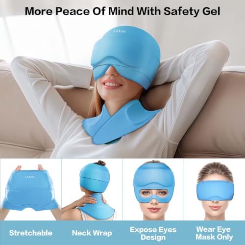 Image of 3 in 1 Migraine Relief Cap Neck Ice Pack Wrap Gel and Ice Eye Masks, Detachable Ice Caps with Eyes Masks, Hot and Cold Therapy for Relief of Headaches, Stiff Neck and Eye Fatigue (Sky Blue)