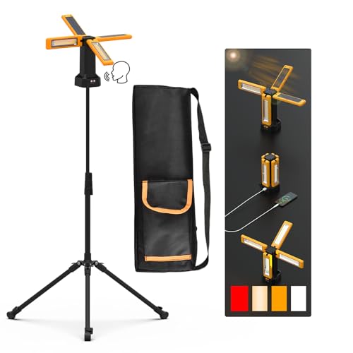 iodoo Voice Control 13200mAh Rechargeable Solar Work Light with Folding Stand Support and Portable Carrying Bag, 8000 Lumen Stepless Dimmable, 4 Lighting Modes, White/Warm/Warm White (Voice Control)