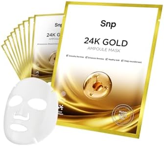 SNP 1000mg Collagen + 24K Gold Ampoule Sheet Mask | Collagen Face Masks Skincare | Tightening, Hydrating, and Nourishing | Korean Skin Care | Overnight Face Masks | Moisturizing Face Mask | 10 Sheets