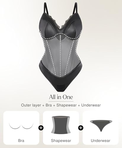 Popilush Body Suits for Womens Leather Lace V Neck Shapewear Tummy Control Sleeveless Thong Corset Bodysuits2