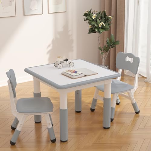 GarveeHome Kids Table and 2 Chairs Set, Height Adjustable Toddler Table and Chair Set for 2, Graffiti Desktop, Non-Slip Design, Children Table for Hom
