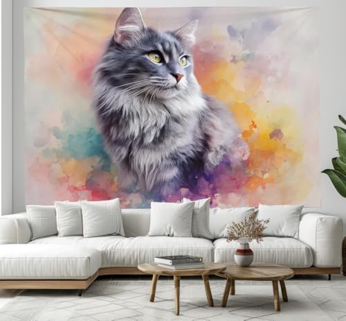 Tapisserie murale chat aquarelle 230x150 cm gris pour decoration salon