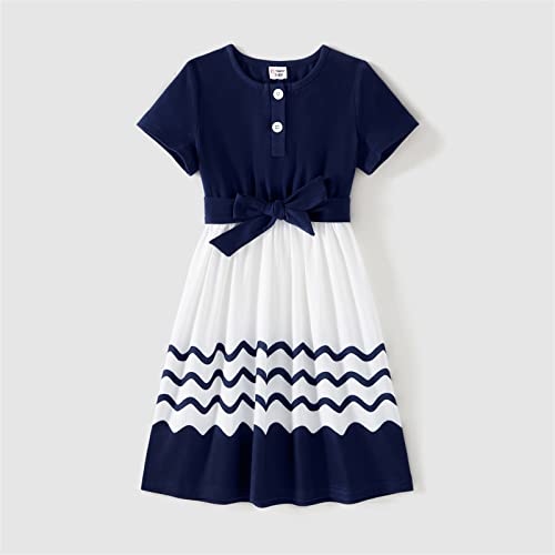 Patpat Family Matching Outfits Mommy And Me Dress Button Front Striped Print Belted Midi Dresses And Short-Sleeve Polo T-Shirts Sets Casual Navy Blue Stripe Toddler Girl 2 Years #TOP3
