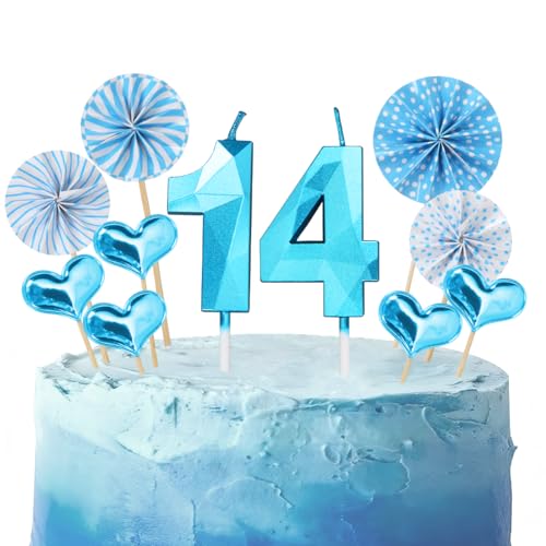 Bougies d'anniversaire Bleu pour 14 Ans,3D Bougie Numéro Anniversaire Garcon,Decoration Gâteau Anniversaire 14 ans,Décorations de Gâteaux pour Enfants...