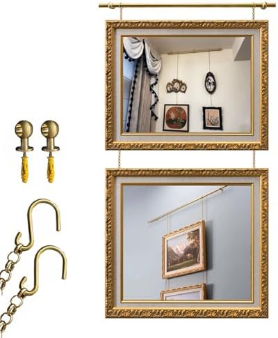 Gold Picture Rail Hanging System Kit - Brass Metal Wall Art Hangers for Indoor Decor, Concrete Picture Hanging Track & Photo Display Rod (31.4in/80cm)