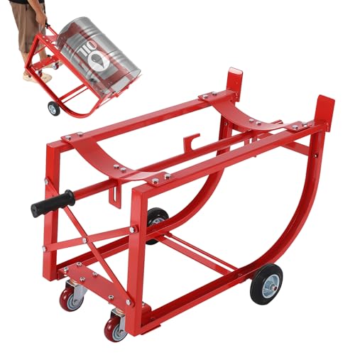 CheriMuMu Drum Cradle with Wheels, 55 Gallon Movable Drum Stand, Tilting Oil Drum Rack with Retractable Drawbar, Industrial Steel Drum Handling Cradle for Workshop, Factory, Garage, Warehouse