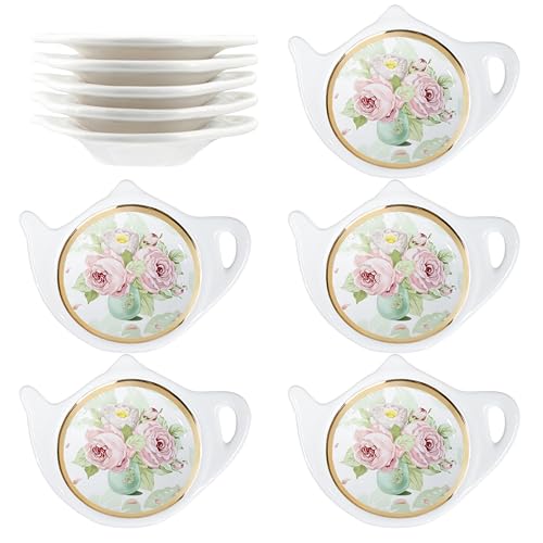 SOCOSY Vintage Flower Porcelain Tea Bag Holder Teapot Shaped Tea Bag Coaster, Little Spoon Rest Tea Accessories Resting Caddy Seasoning Dish for Sauce Dessert, 4 Inch-Roses-10 PCS