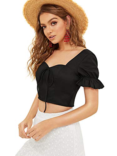 MakeMeChic Women's Knot Front Ruffle Short Sleeve Smocked Crop Top Blouse Black M
