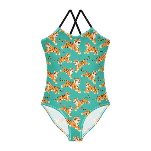 senya Girls Swimsuits One-Piece Swimwear Tie Bathing Suit Beach Summer Round Neck 9-10T Tiger Pattern