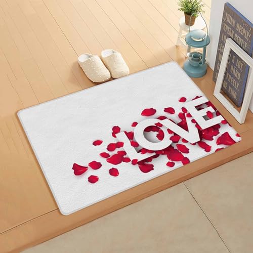 Valentine's Rose Love Kitchen Bath Door Mat Cushioned Runner Rug,Washable Welcome Floor Sink Antifatigue Mat,Waterproof & Non-Slip Comfort Standing Doormat,Spring Red Flower Simple White 18