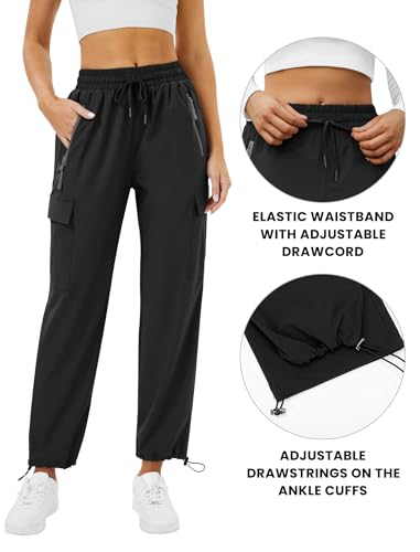 Friptspyg Outdoor Hosen Cargohose Damen Leichter Trekkinghose Wanderhose Schnelltrocken Wasserdicht Einstellgurt Sportlich Jogginghose mit Taschen,Schwarz S