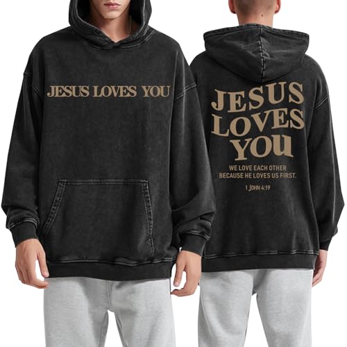 Mens Jesus Loves You Christian Hoodies God Bible Verse Faith Religious Sweatshirts Oversized Acid Wash Graphic Shirt2