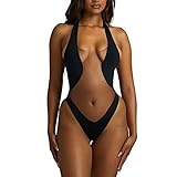 Detalles del diseño: conjunto de bikini tanga (parte inferior de tanga), cuello en V profundo, malla transparente, elementos de corte, corte alto