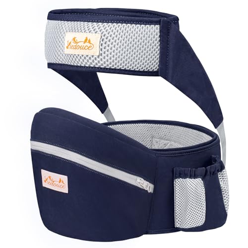 Viedouce Portabebé Ergonómico Asiento de Cadera,con Protección del Cinturón la Seguridad,Algodón Puro Ligero,Taburete de Cintura de Posición Múltiple por Bebé Niños 4-36 Meses(Azul Oscuro)