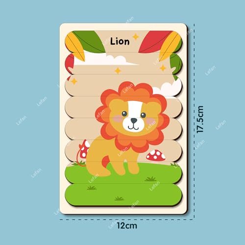 Image of Lefan 5 in1 Animal Puzzle Sticks for Kids - 5 Wooden Animal Puzzles with Tray Educational Montessori Toy for Toddlers Tiger Zebra Elephant Giraffe Lion Puzzle Set 2 3 4 5 6 7 Year Gift for Toddlers