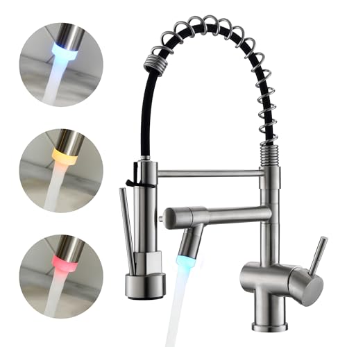 VFAUOSIT Kitchen Faucets, Commerical LED Kitchen Faucet with Pull Down Sprayer, Stainless Steel Brushed Nickel Kitchen Sink Faucet wiht Single Handle for Modern RV Farmhouse Camper Laundry Bar Sink