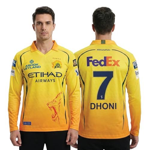 Image of playR x Chennai Super Kings Original Match Jersey IPL 2026 - Adult Dhoni 7 Long Sleeve CSK Cricket T-Shirt, Regular Fit Sportswear Tee for Training, Outdoor & Match Day Activewear for All Season